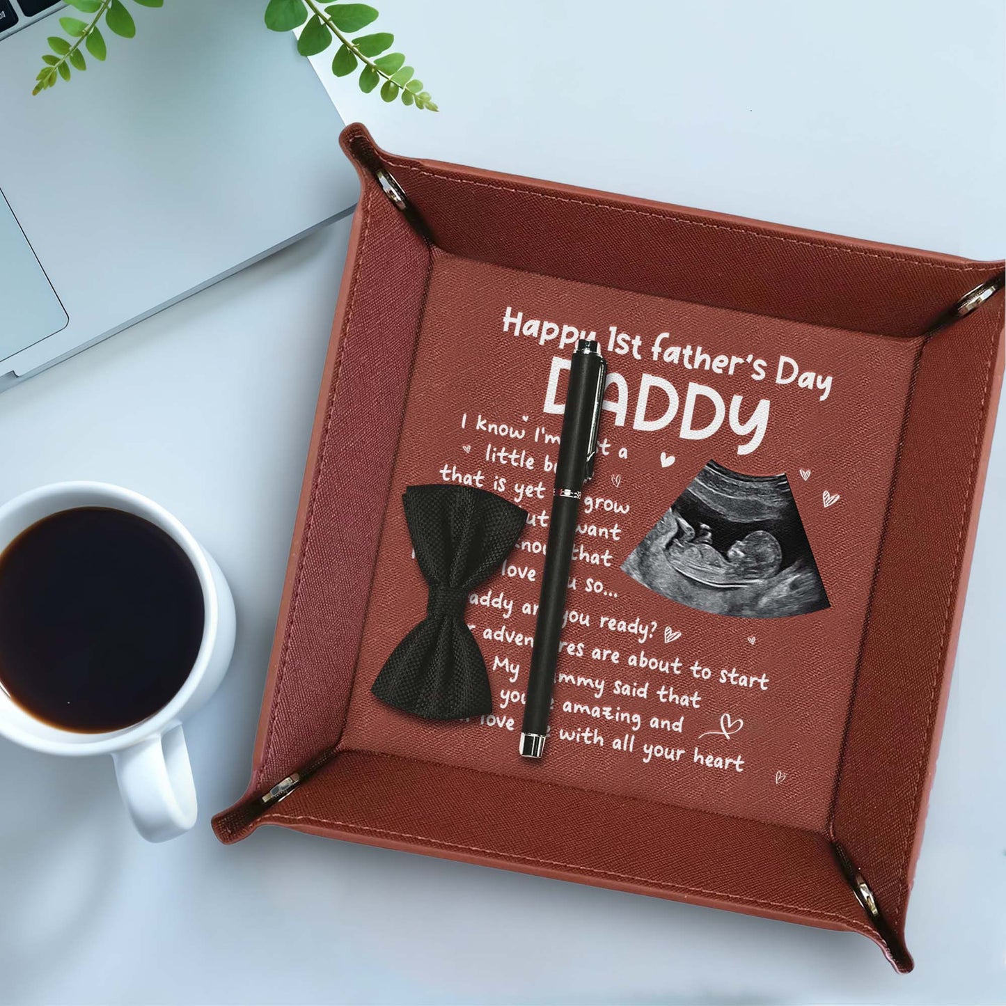 Happy 1st Father's Day Daddy, Ultrasound and Hearts - Personalized Leather Valet Tray - DAD002_LTRAY