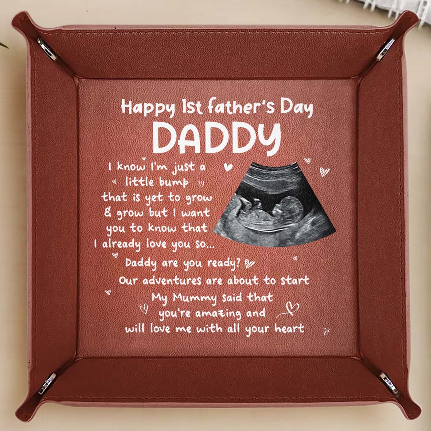 Happy 1st Father's Day Daddy, Ultrasound and Hearts - Personalized Leather Valet Tray - DAD002_LTRAY