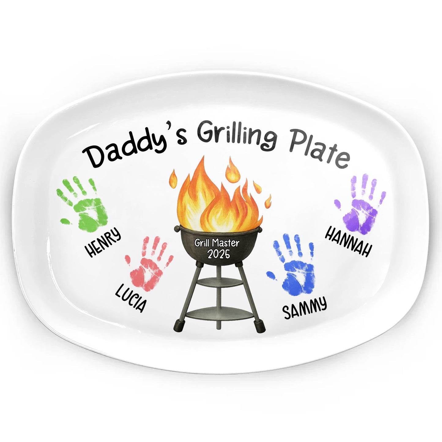 Daddy's Grilling Plate With Handprints And Flames