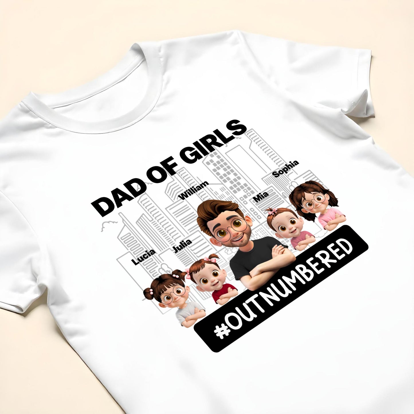 Dad Of Girls #Outnumbered, Cartoon Characters And Cityscape