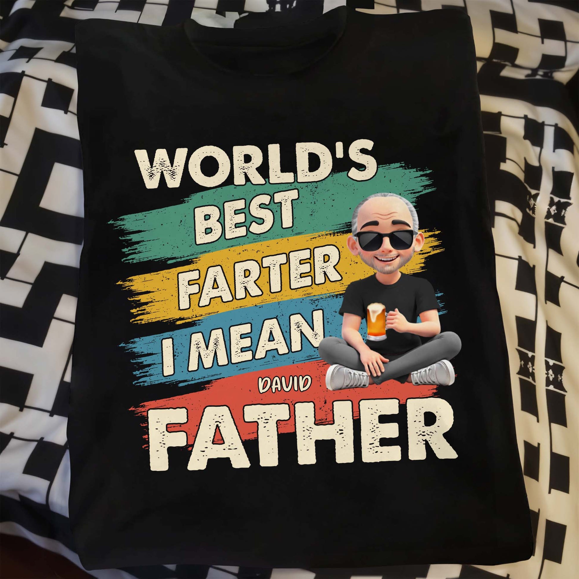 World's Best Farter I Mean Father, Text and Cartoon Character