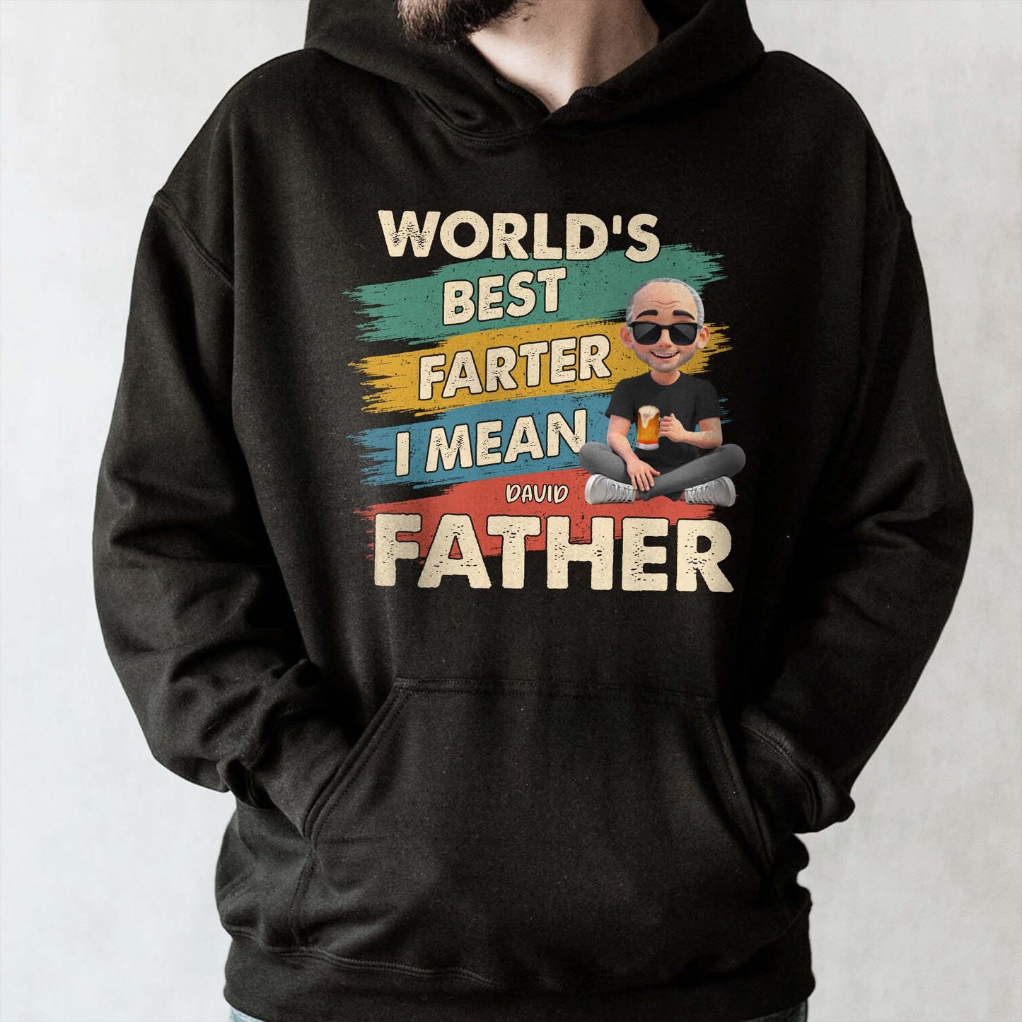 World's Best Farter I Mean Father, Text and Cartoon Character