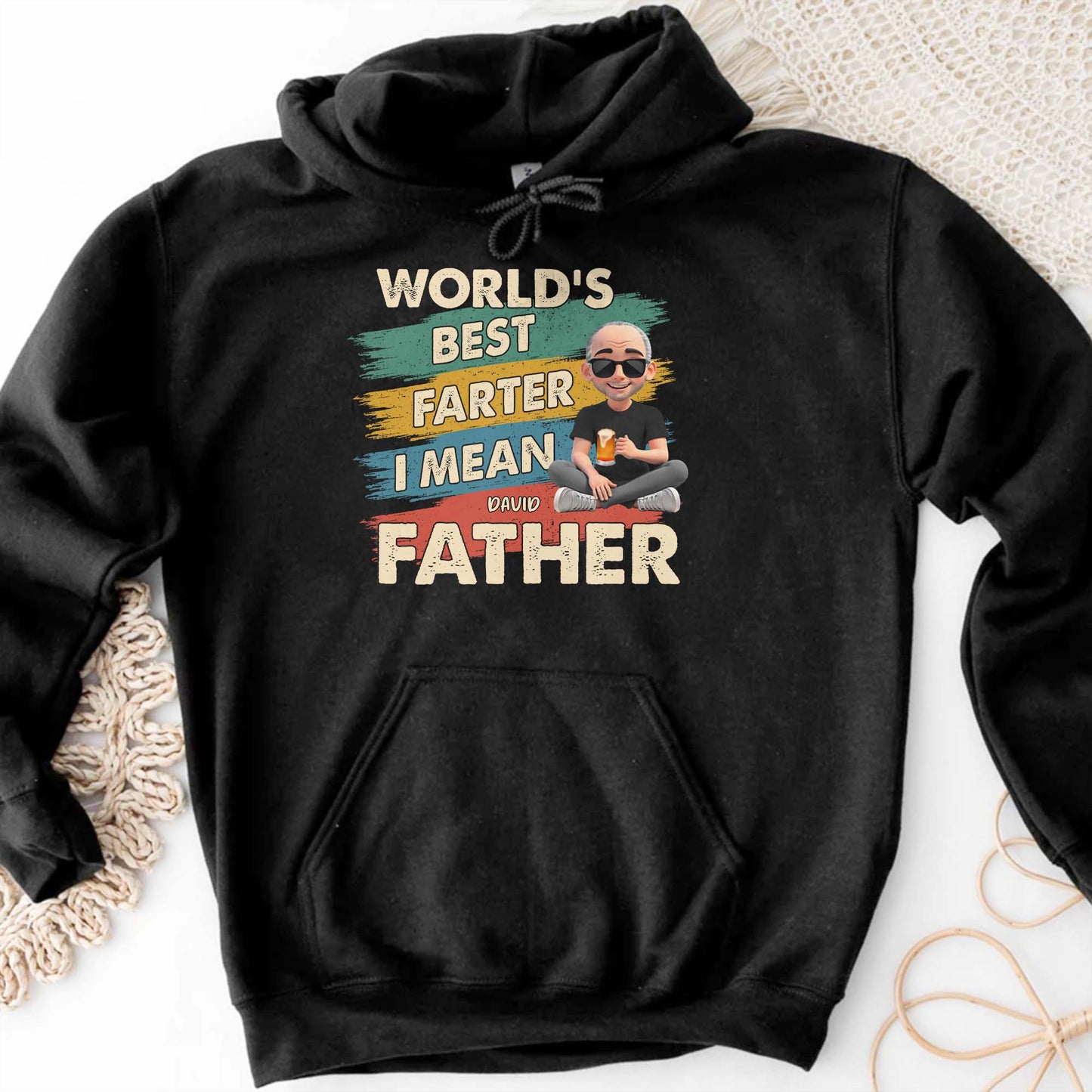 World's Best Farter I Mean Father, Text and Cartoon Character