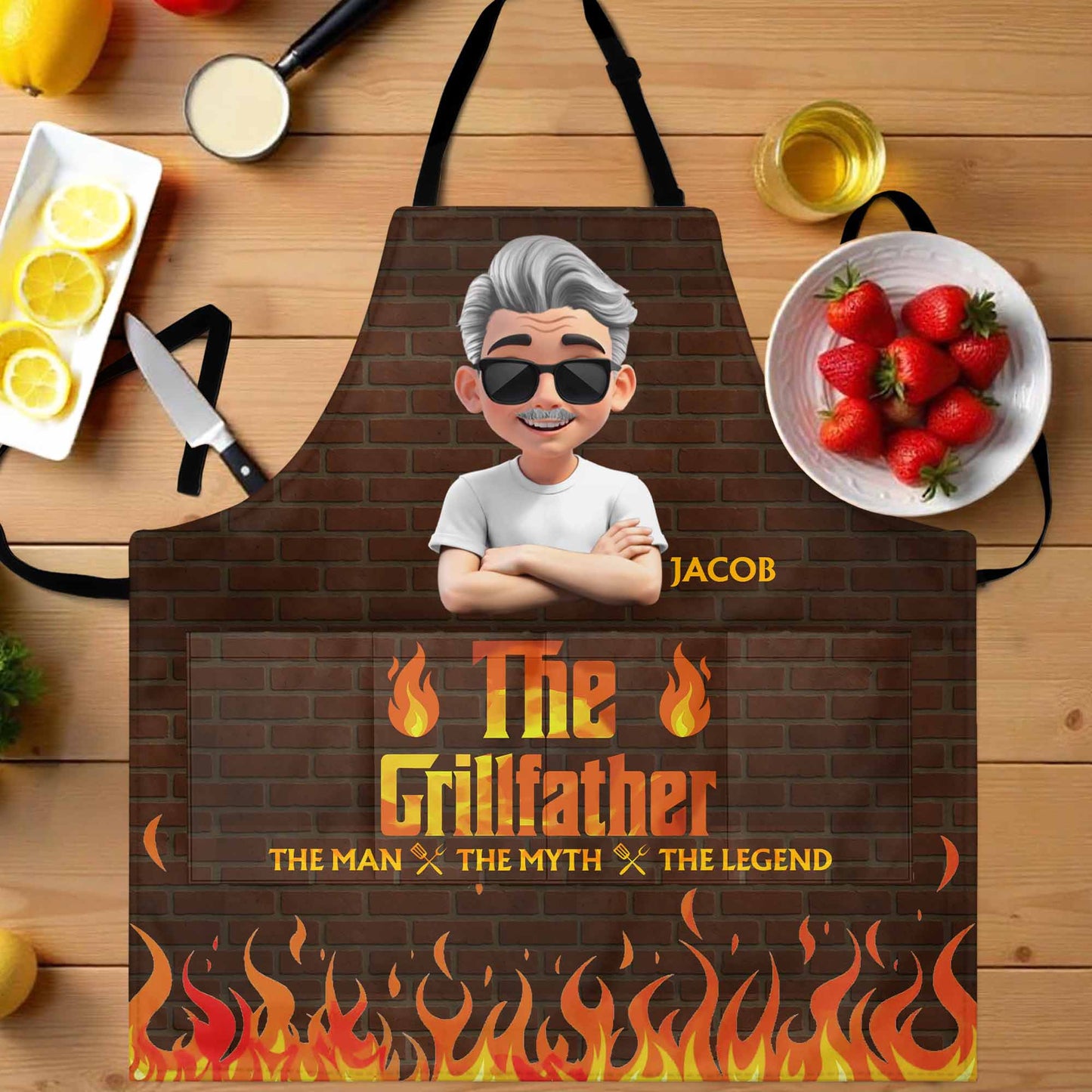 The Grillfather, The Man, The Myth, The Legend, Brick and Flames