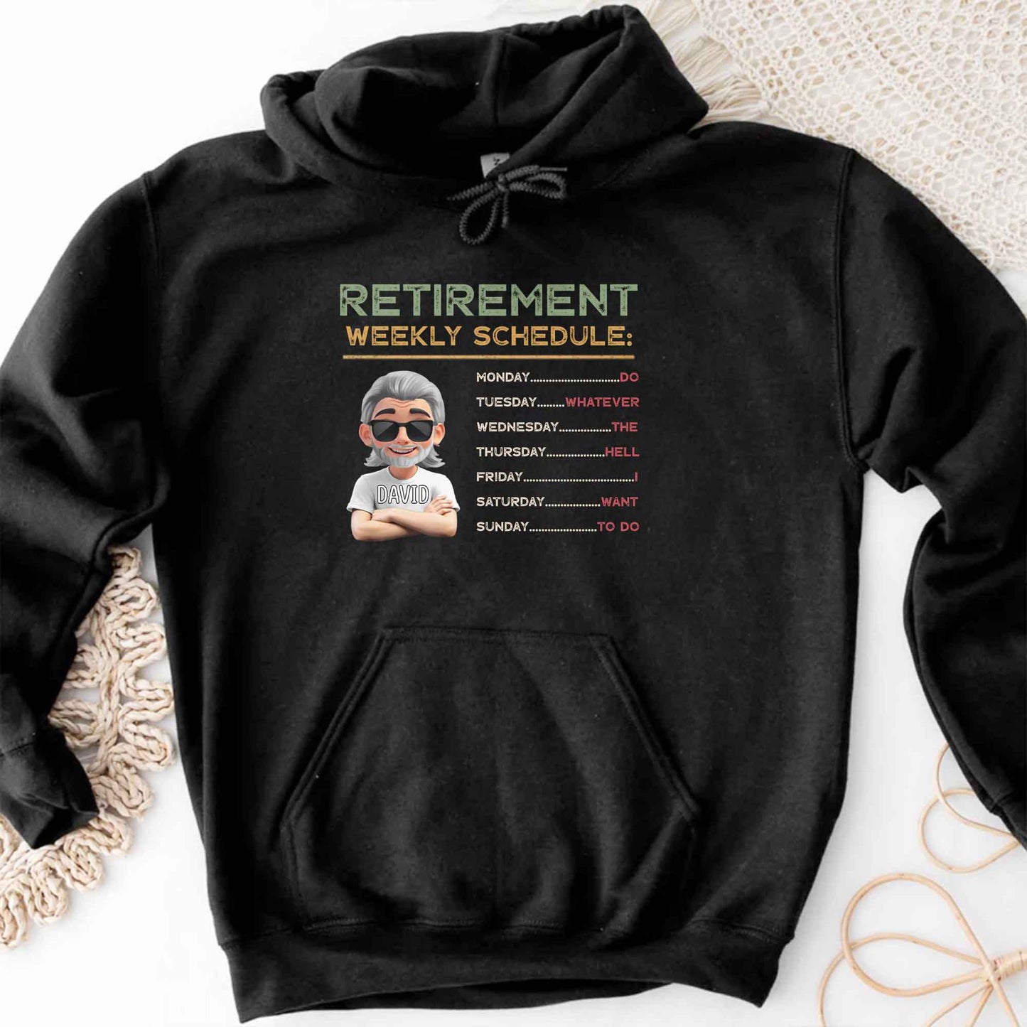 Retirement Weekly Schedule, Text and Cartoon Character