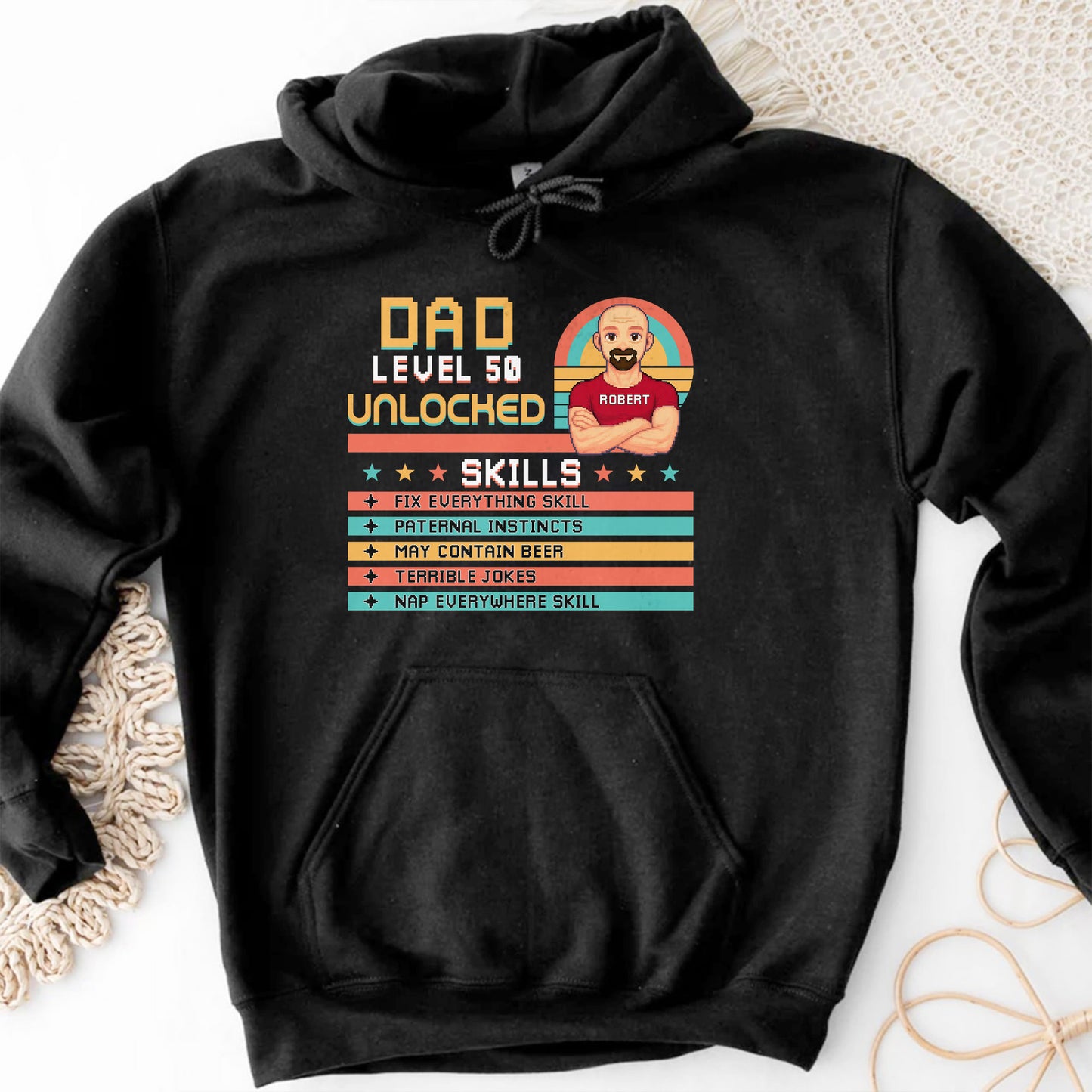 Dad Level 50 Unlocked, Video Game Style, Pixel Texts, Avatar, Skill List