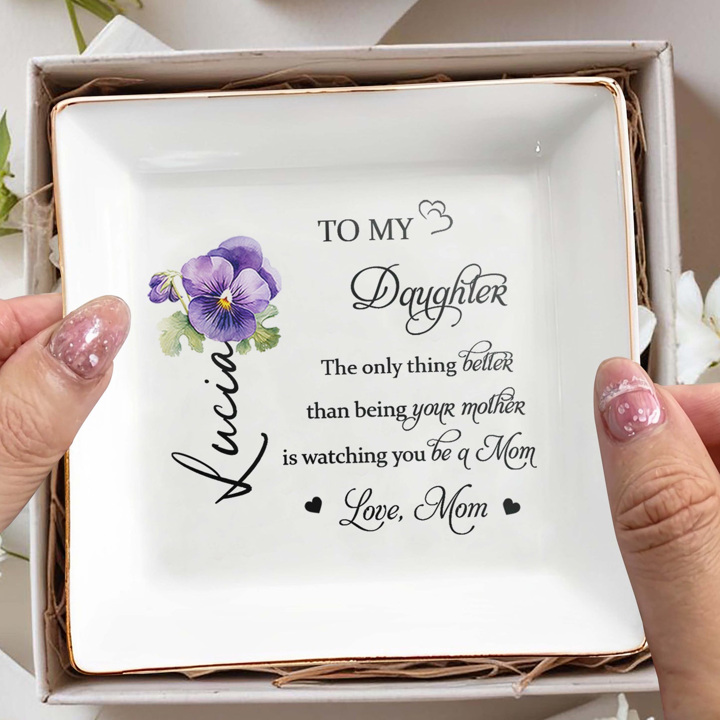 To My Daughter, Watching You Be A Mom, Pansy Flower Design - Personalized Custom Jewelry Dish - DAU079_SCRD