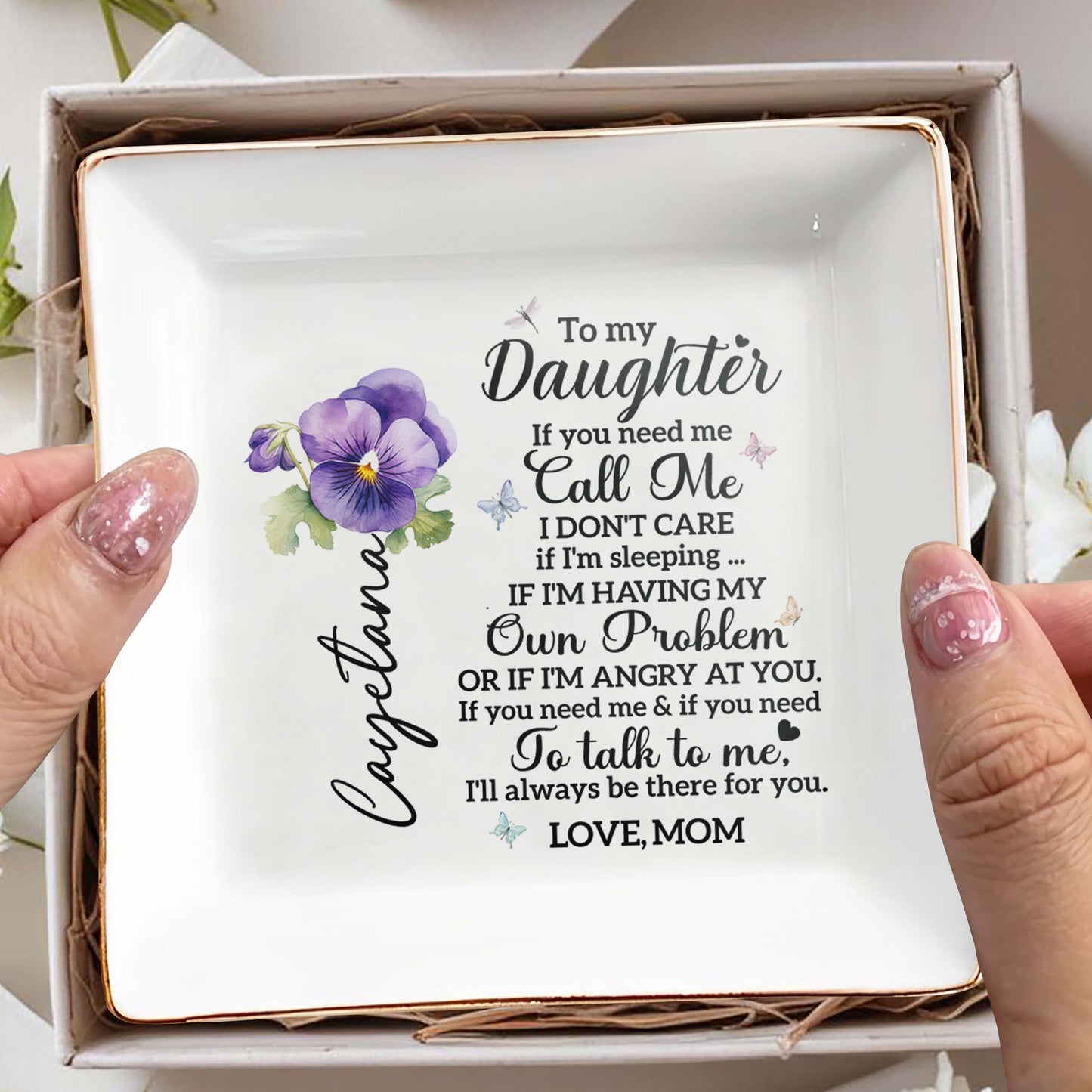To My Daughter Call Me Love Mom Pansy Flower Ceramic Dish