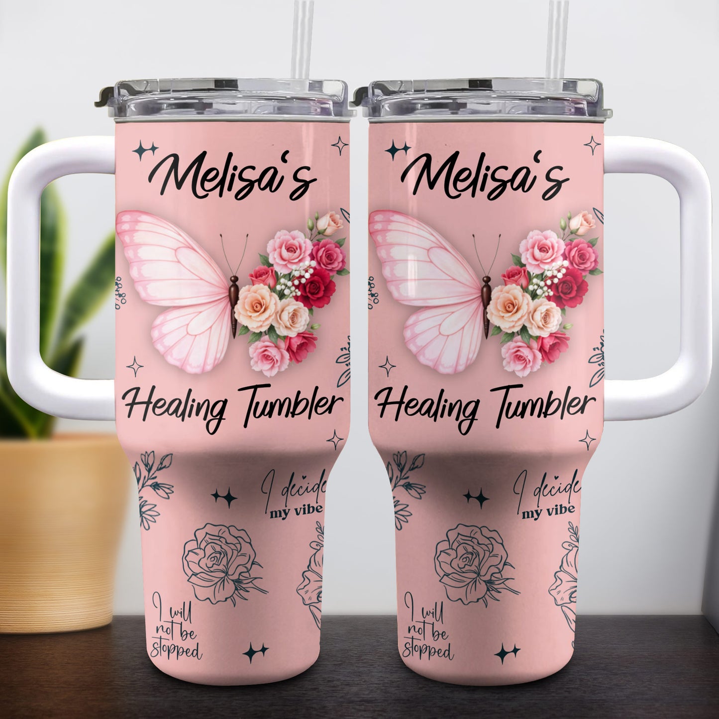 Melisa's Healing Tumbler, Butterfly and Roses