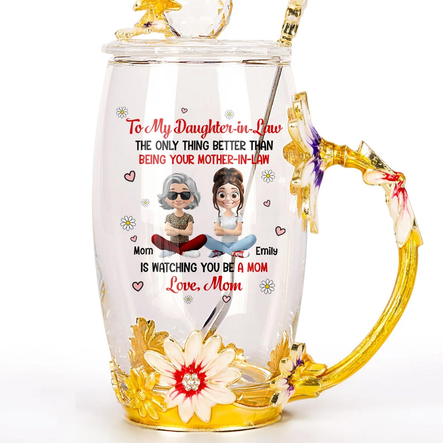 À ma belle-fille, la seule chose qui soit meilleure que d'être ta belle-mère, Fleurs et cœurs - Tasse à thé en émail personnalisée - DAU168_TECU
