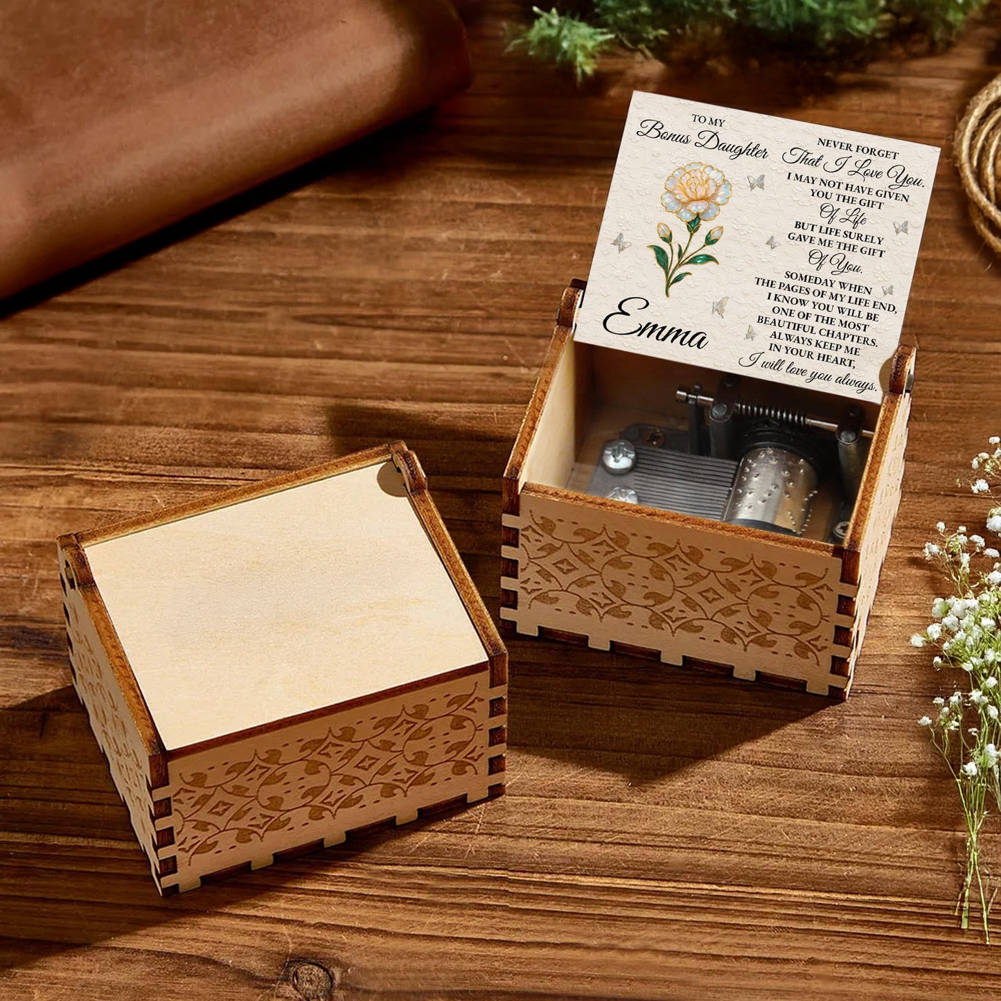 To My Bonus Daughter Love Message With Flower and Butterflies - Custom Music Box With "You Are My Sunshine" Tune - DAU265_MZB