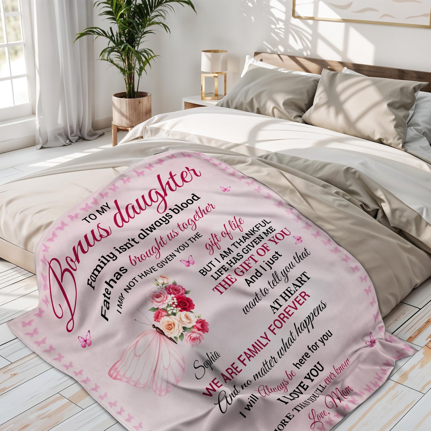 To My Bonus Daughter, Butterfly And Flower Design