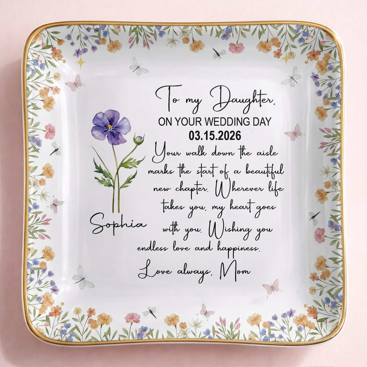 To My Daughter On Your Wedding Day With Purple Flower - Personalized Custom Jewelry Dish, Ceramic Dish, Square Shape - DAU356_SCRF