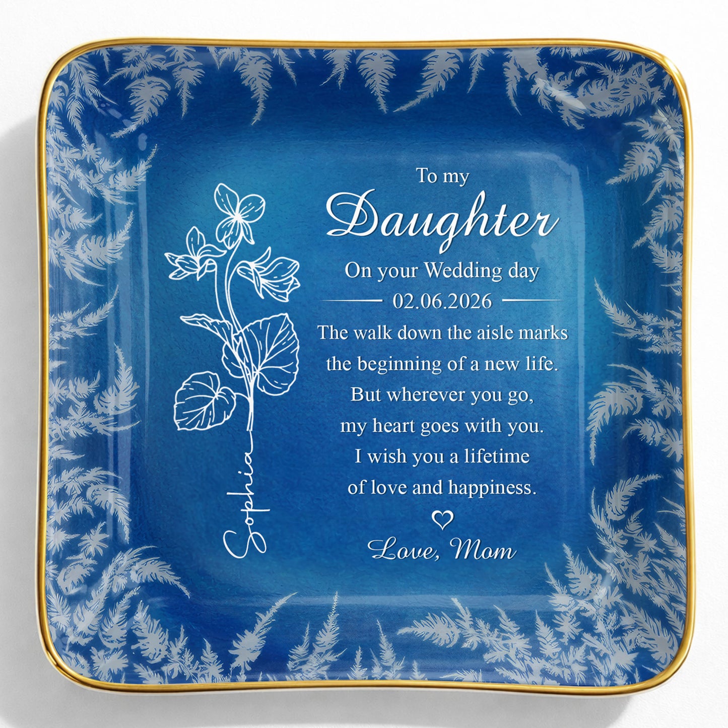 To My Daughter On My Wedding Day Birth Month Flower - Personalized Custom Jewelry Dish, Ceramic Dish, Square Shape - DAU370_SCRF