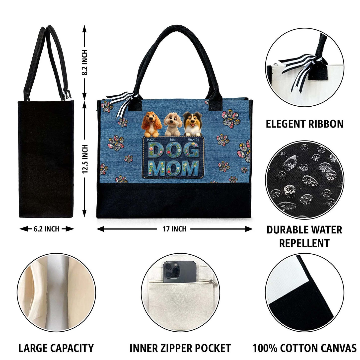 Dog Mom Canvas Tote With Paws And Floral Design