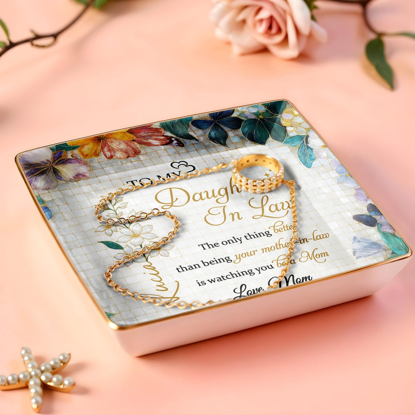 Flowers And Butterflies Jewelry Dish Message to My Daughter-In-Law