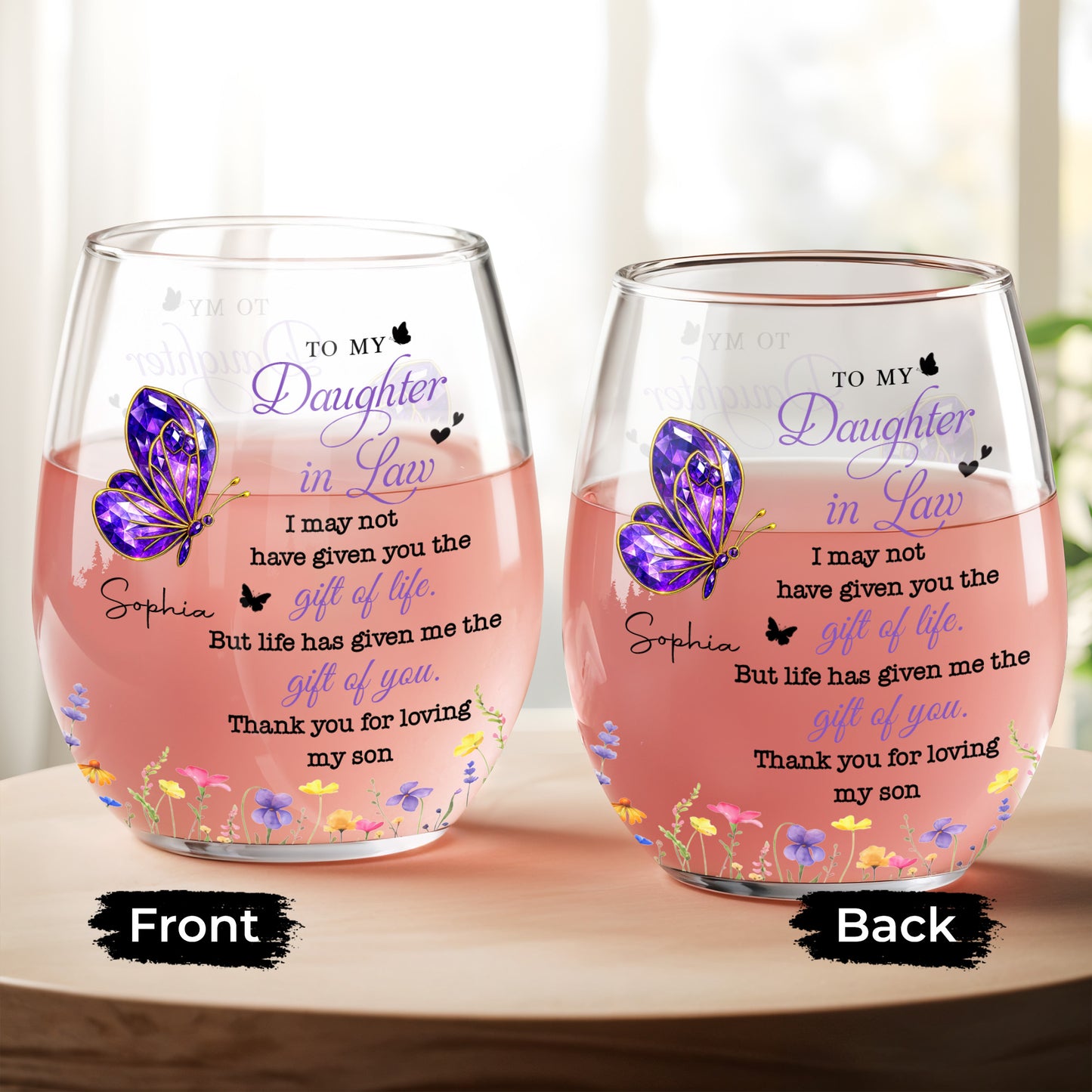 To My Daughter In Law Purple Butterfly And Flowers - Personalized Stemless Wine Glass - DILA051_WIGL