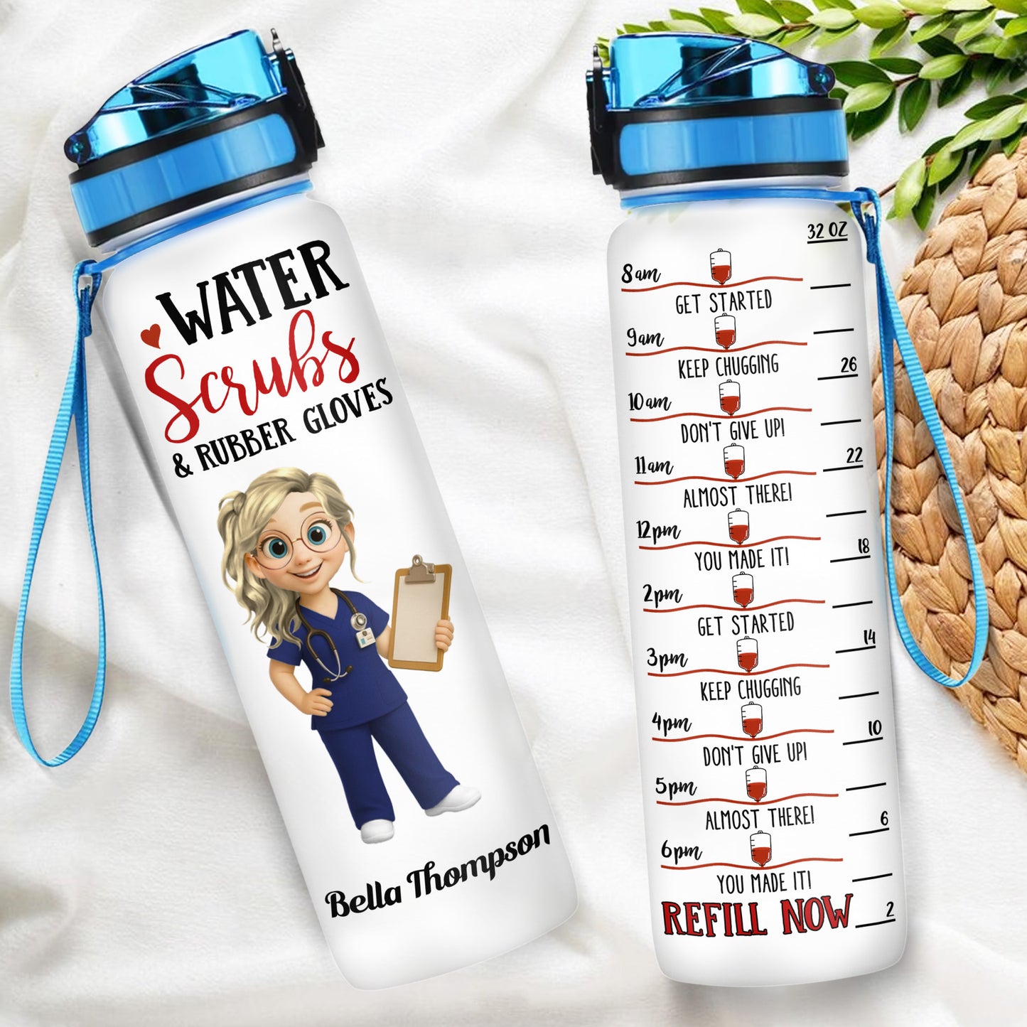 Water Scrubs & Rubber Gloves, Cartoon Nurse And Drinking Schedule - Personalized Tracker Bottle - DOC002_WATRA