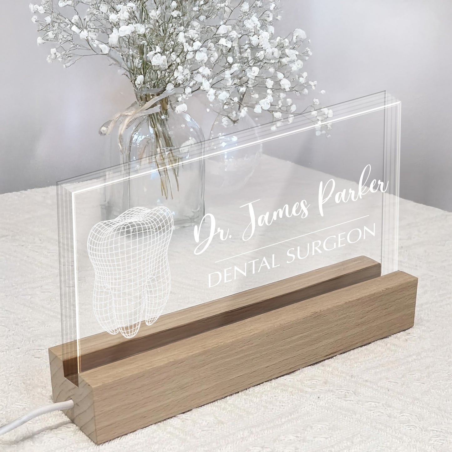 Dr. James Parker, Dental Surgeon, Tooth Design - Personalized LED Night Light With Wooden Base - DOC005_LEWO