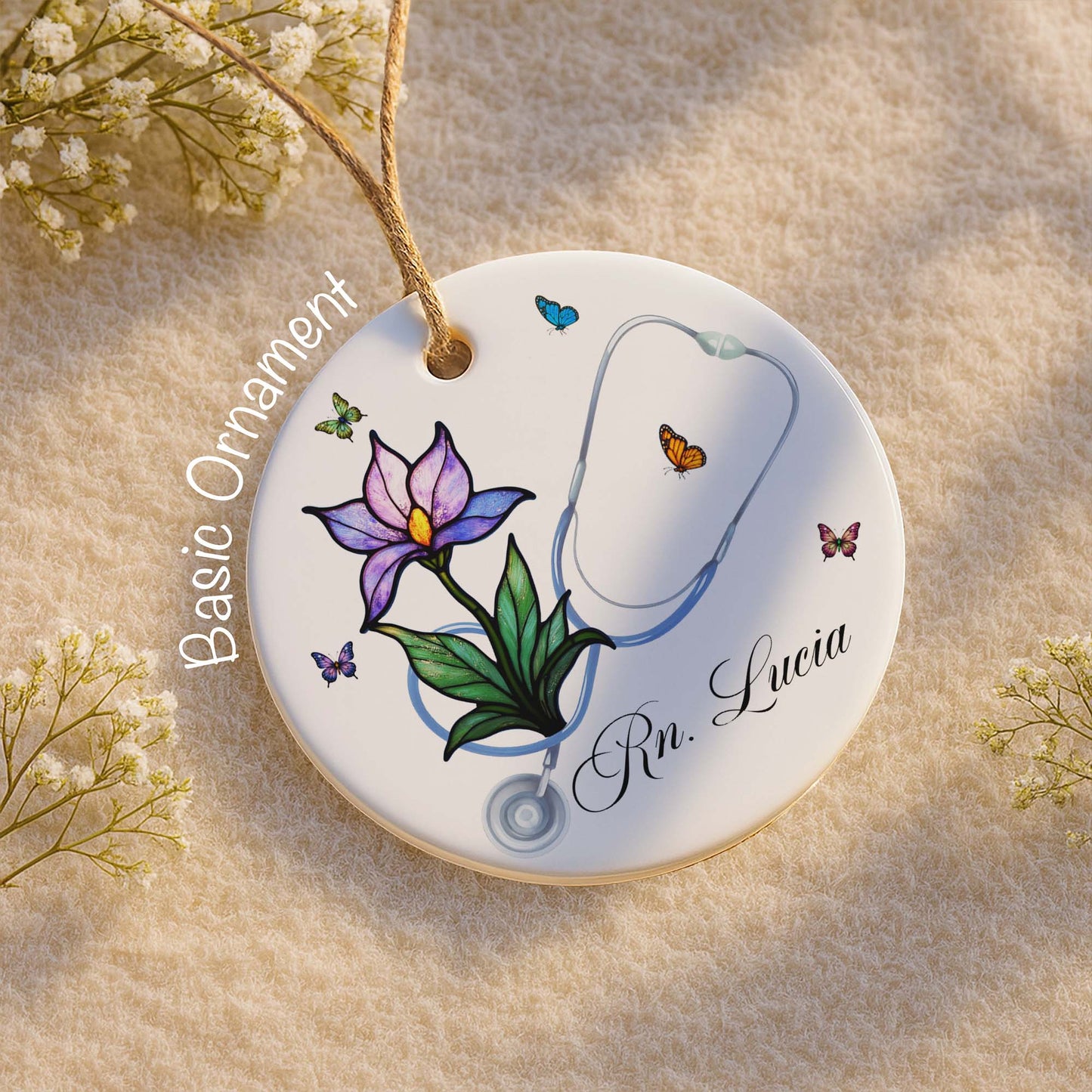 Customizable Ornament With Stethoscope, Flower, And Butterflies