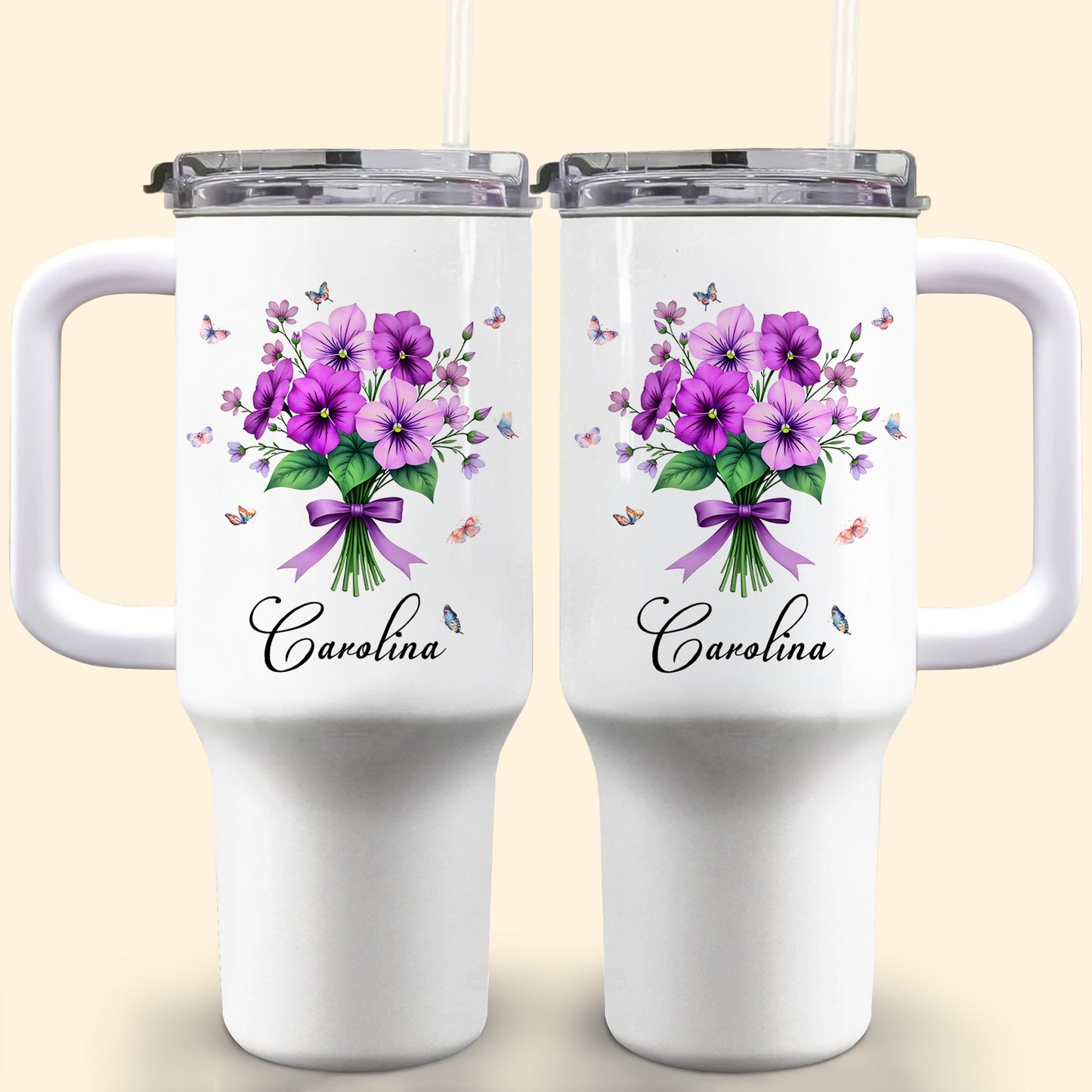 Vibrant Floral Design Tumbler With Butterflies And Elegant Ribbons