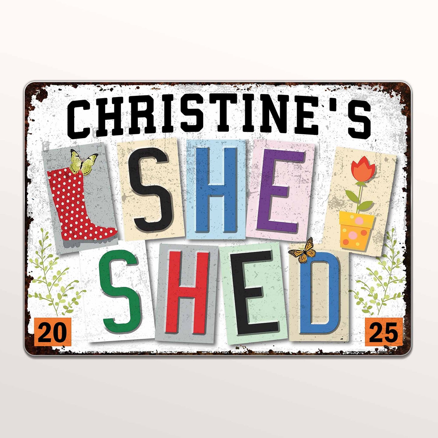 She Shed, Garden Boot, Flower And Butterfly Design - Personalized Metal Sign - DTG038_MSIGN