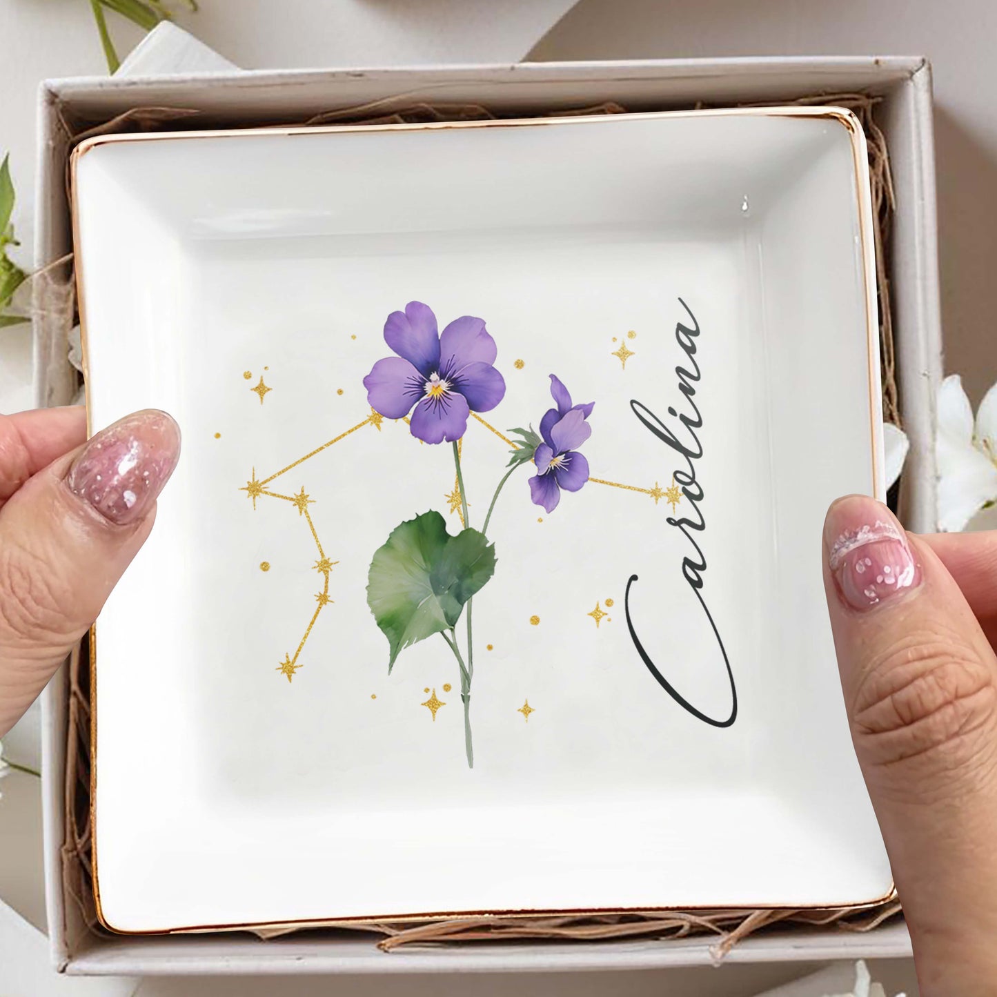 Colorful Flowers With Constellation Design Personalized Dish
