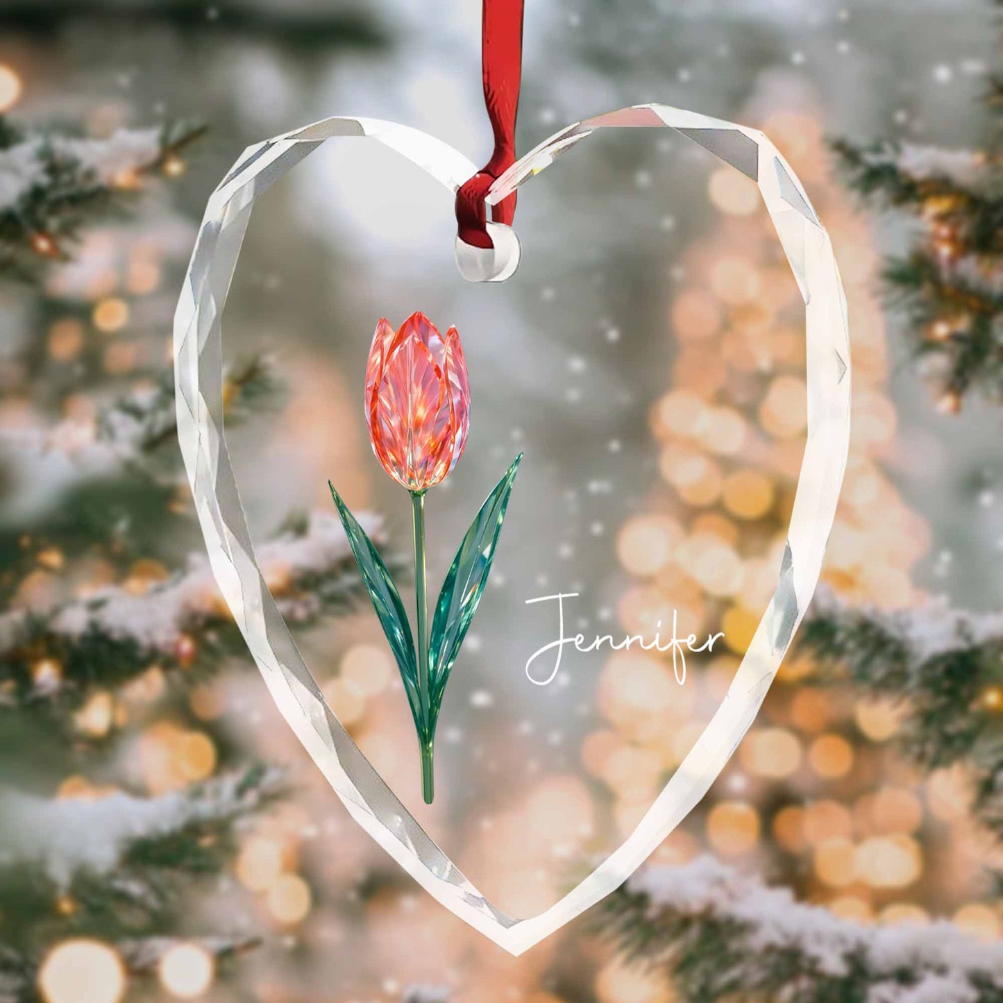 A Beautiful Touch Featuring A Graceful Tulip - Personalized Heart Glass Ornament - DTG053_HEGOR