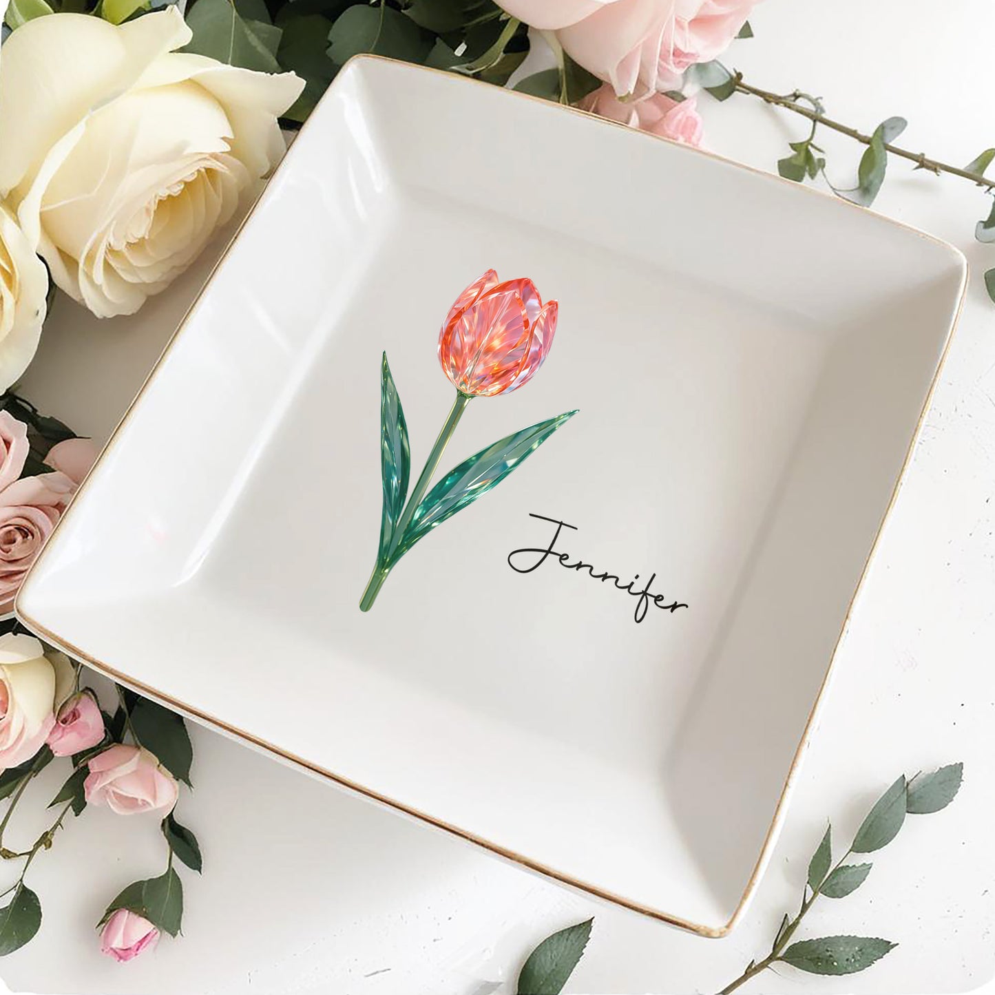 Elegantly Personalized Tulip Design Jewelry Dish - Personalized Custom Jewelry Dish, Square Ceramic Dish - DTG054_SCRD