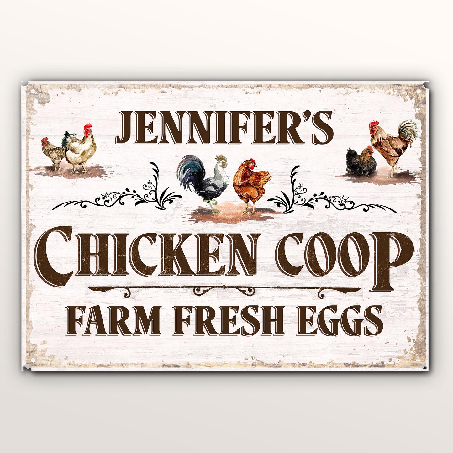 Chicken Coop, Farm Fresh Eggs With Colorful Chickens Design - Personalized Metal Sign - FAM034_MSIGN