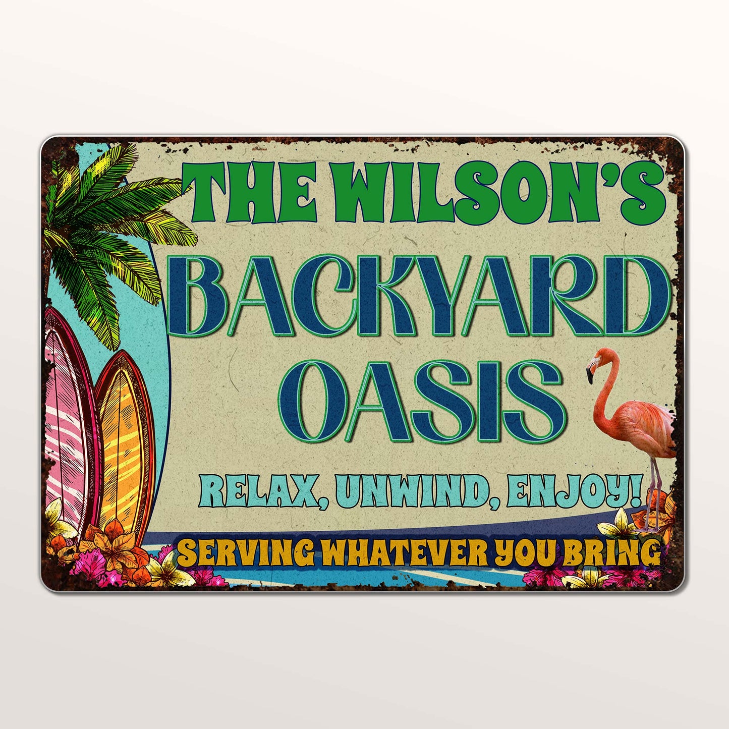 Backyard Oasis With Palm Tree, Surfboard, And Flamingo - Personalized Metal Sign - FAM045_MSIGN