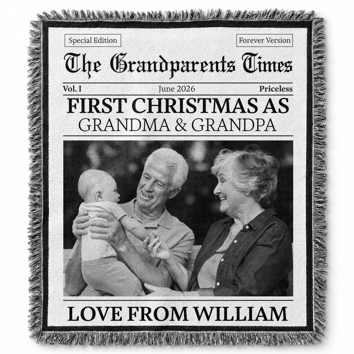 The Grandparents Times First Christmas As Grandma And Grandpa Newspaper Design - Personalized Woven Blanket - FAM1098_WOBLK