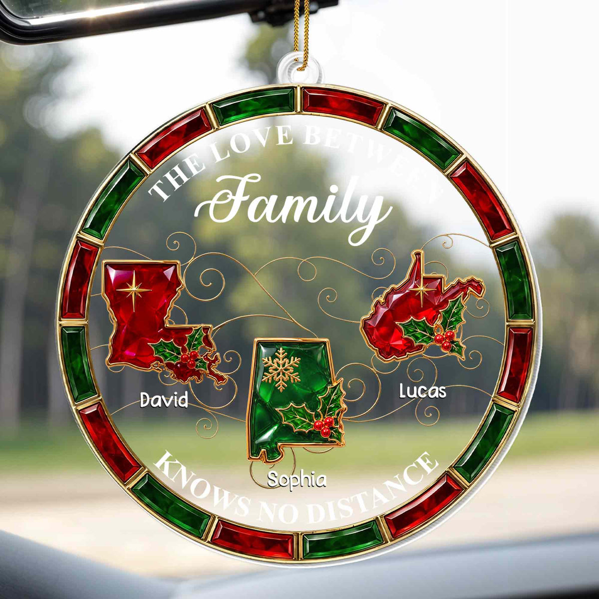 The Love Between Family Knows No Distance State Map Holly Berries - Personalized Custom Acrylic Ornament, Christmas Gift - FAM1253_ACO