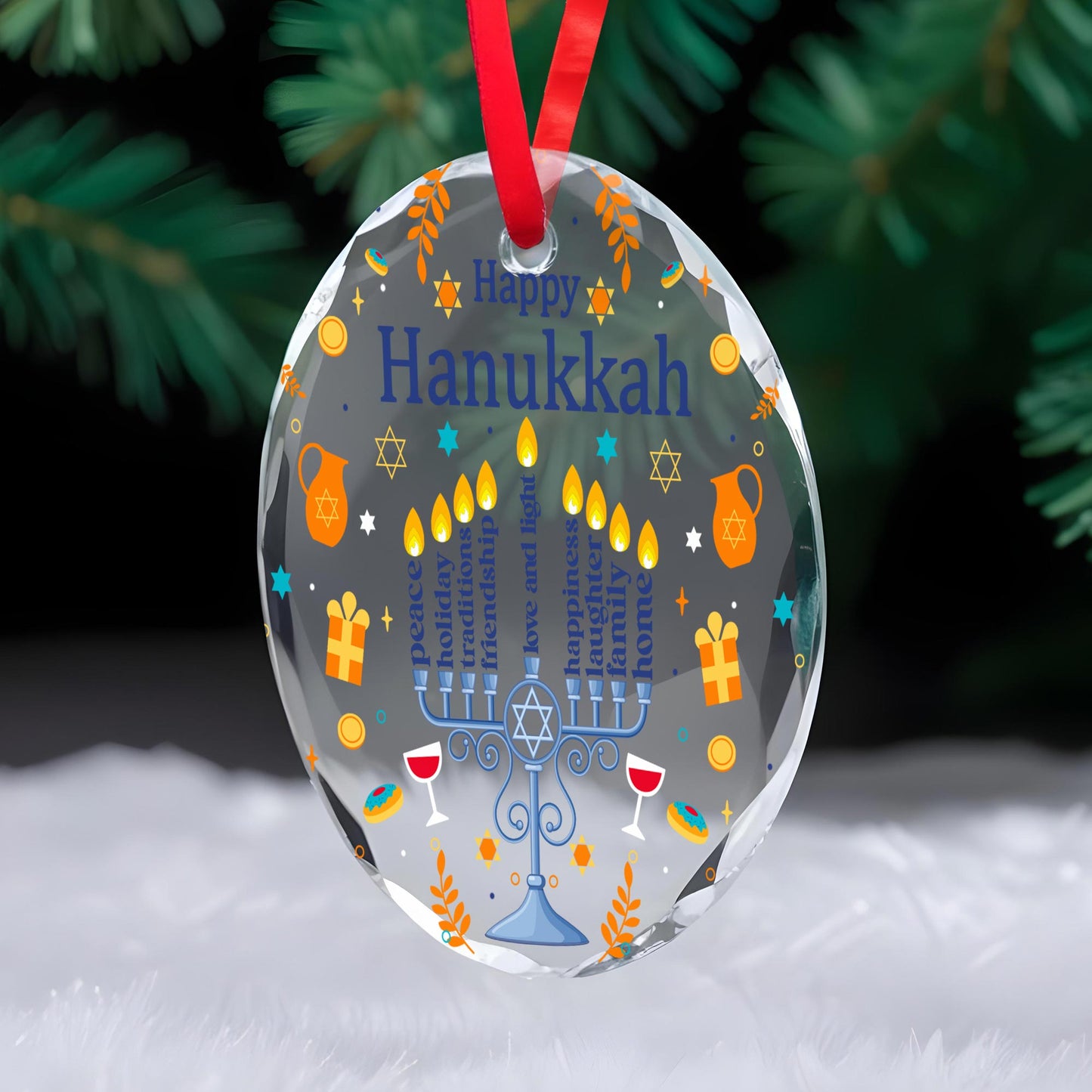 Menorah And Candles Happy Hanukkah Glass Ornament