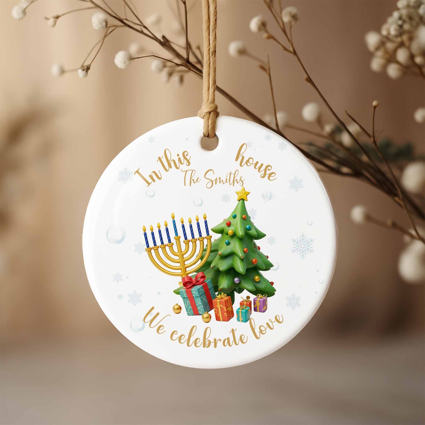 In This House We Celebrate Love Menorah And Christmas Tree