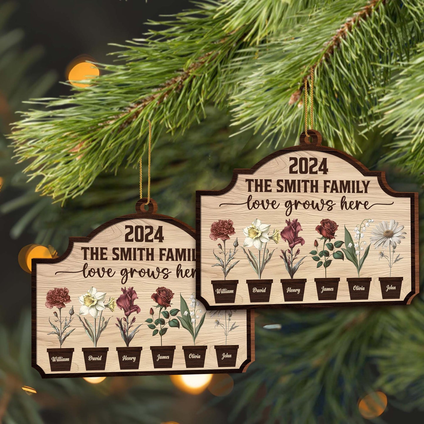 Love Grows Here With Beautiful Flowers Display - Personalized Custom Wood Ornament, Custom Shaped - FAM229_WDO