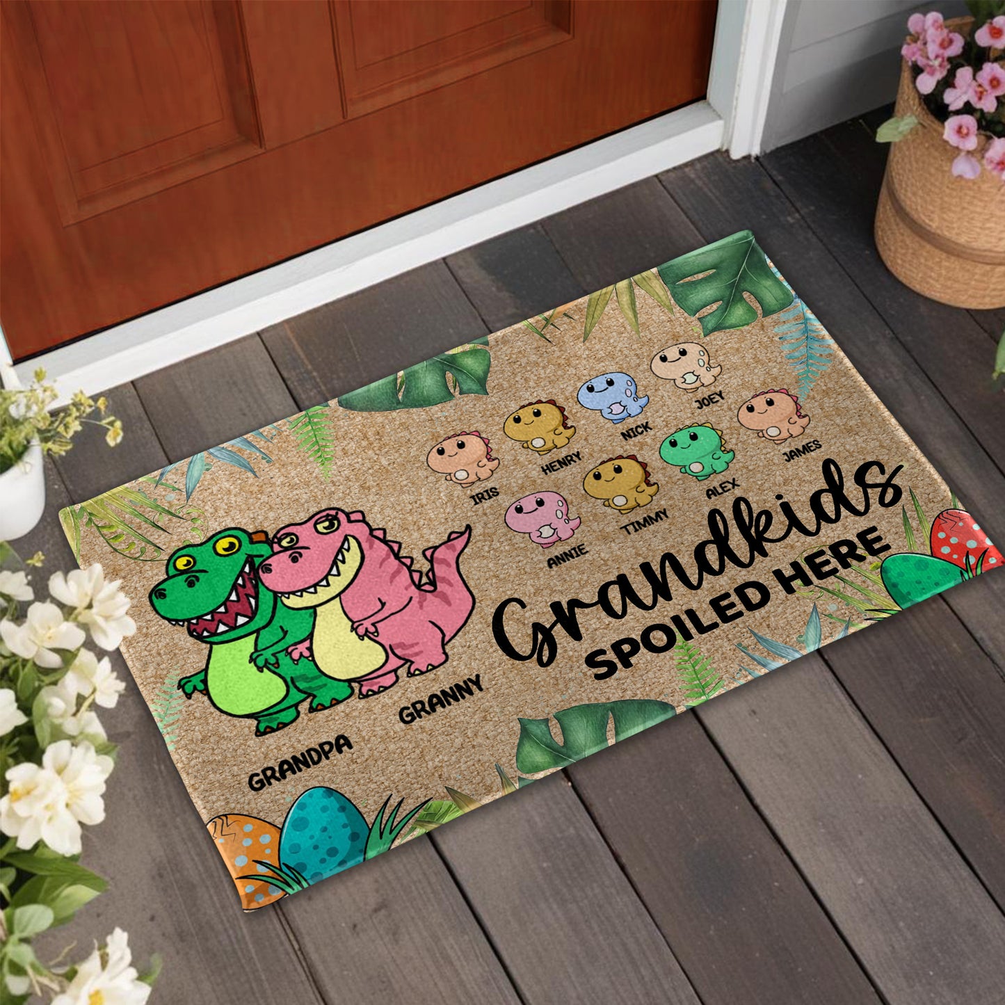 Grandkids Spoiled Here Dinosaur Theme Doormat