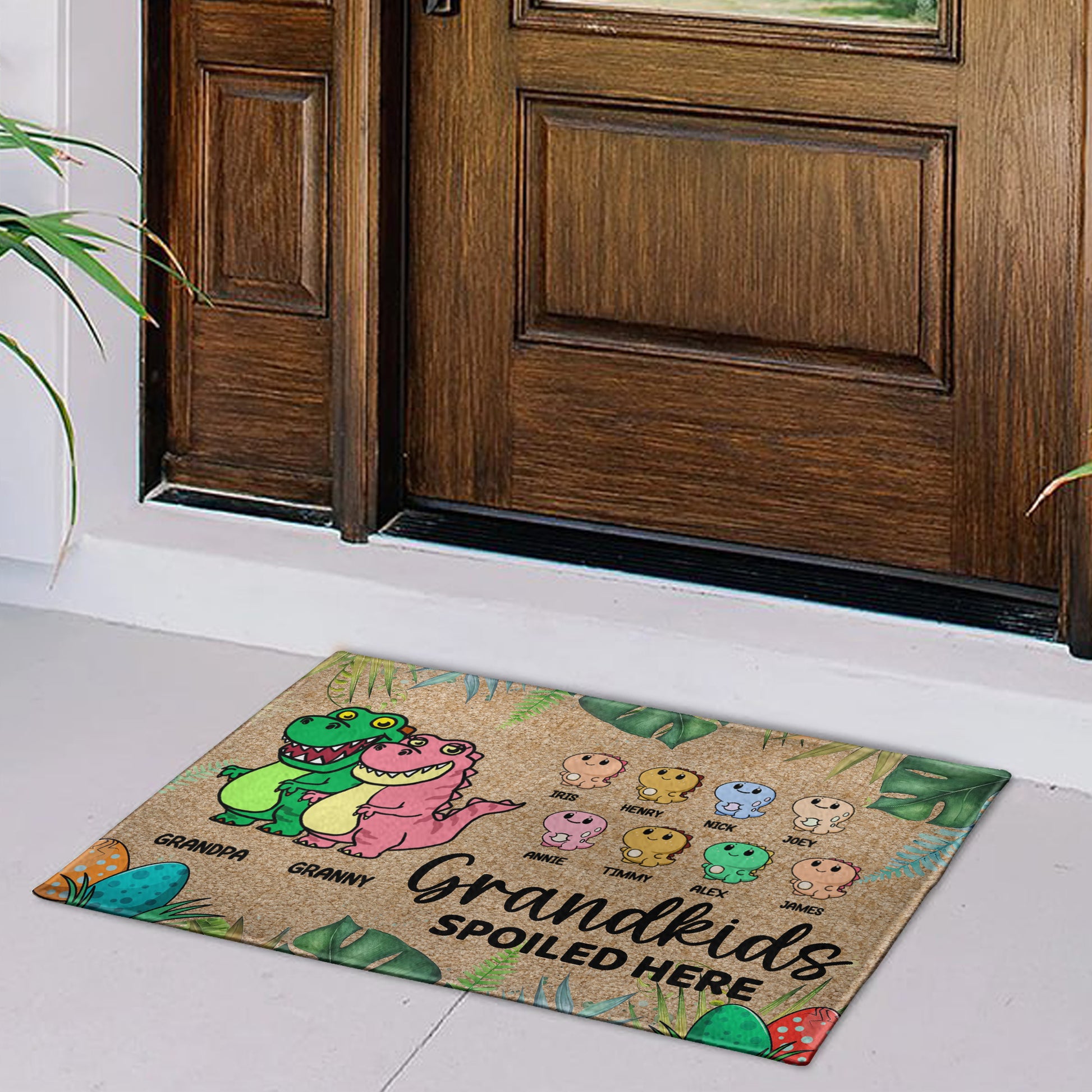 Grandkids Spoiled Here Dinosaur Theme Doormat