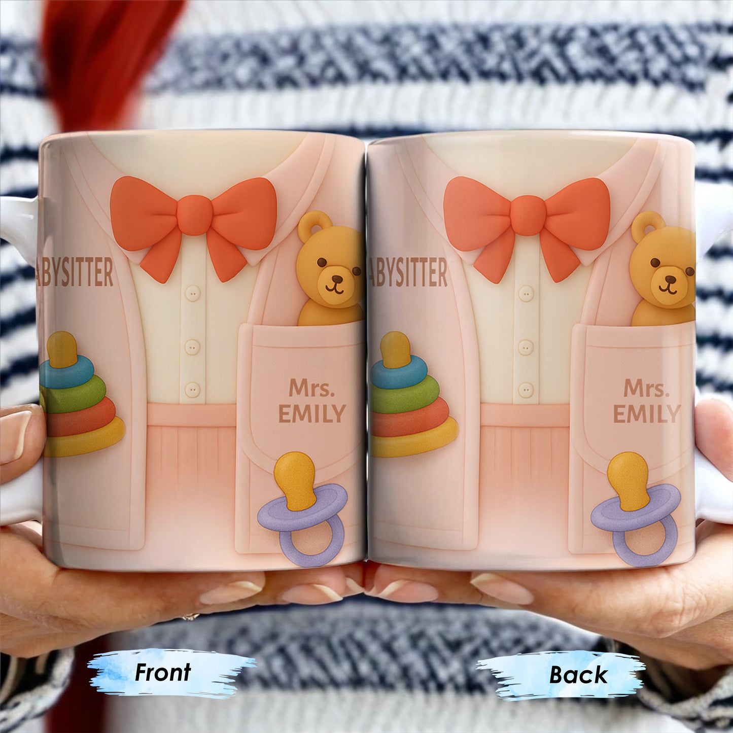 Personalize This Lovely Babysitter Coffee Mug With Your Name, Teddy Bear, Pacifier, Baby Rings, And Bow Tie