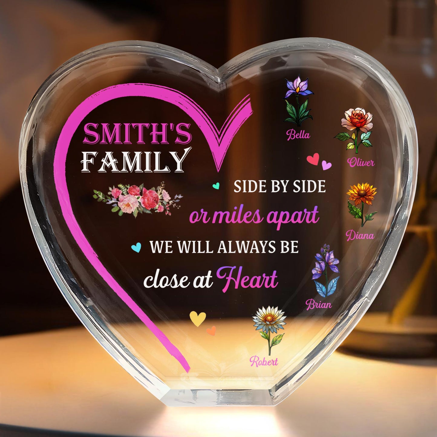 Side By Side Or Miles Apart, We Will Always Be Close At Heart, Flowers And Hearts