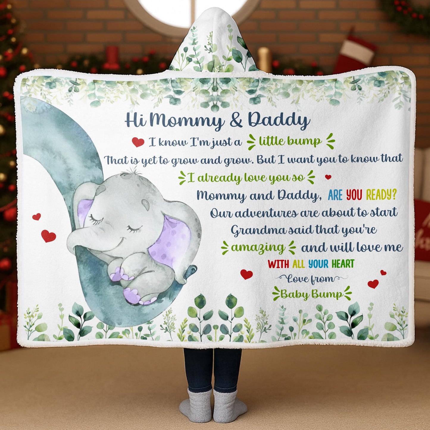 Hi Mommy & Daddy, Little Elephant With Hearts And Leaves