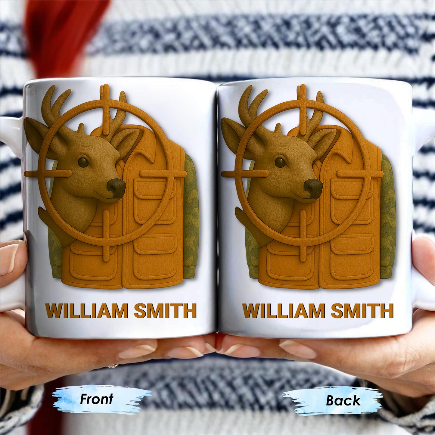 Elegant Deer Hunting Scene on Coffee Mug, Camouflage Jacket
