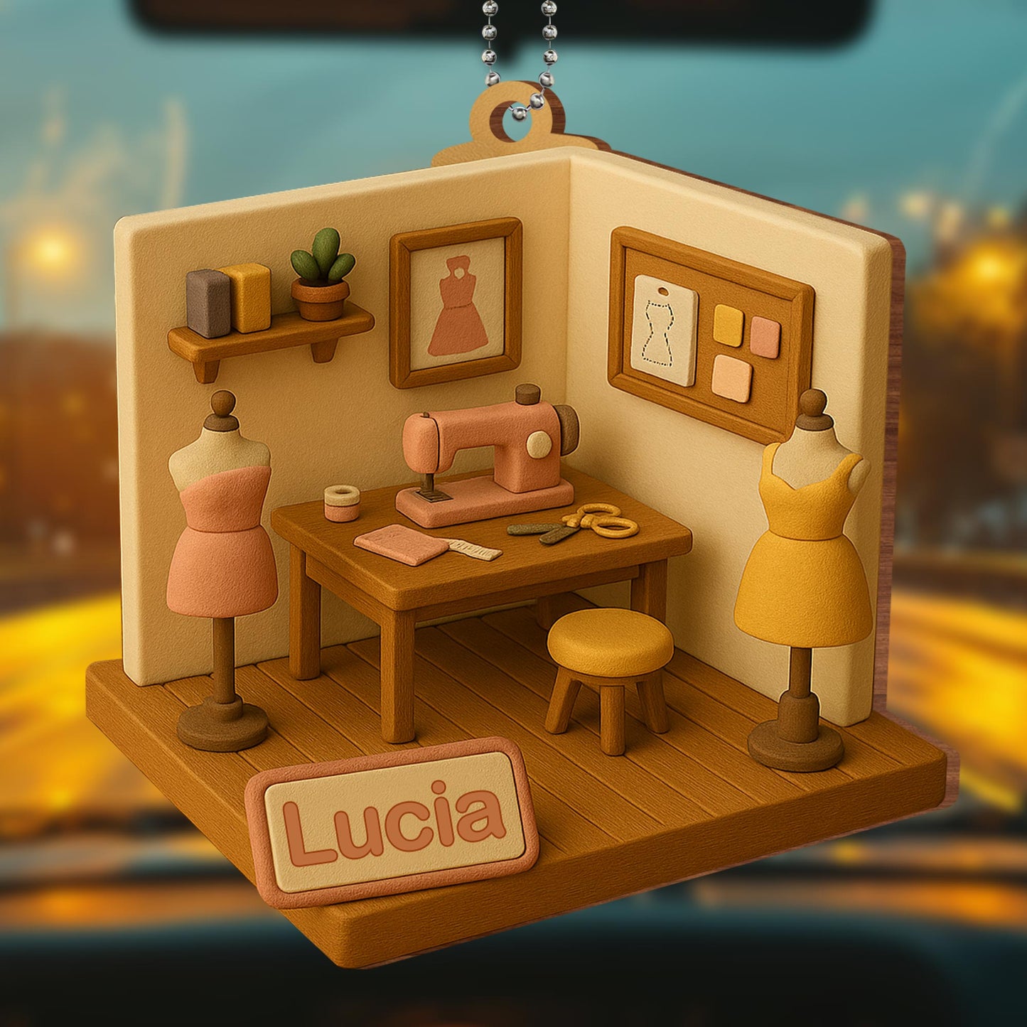 Crafted Wood Ornament Featuring Sewing Machine and Mannequins