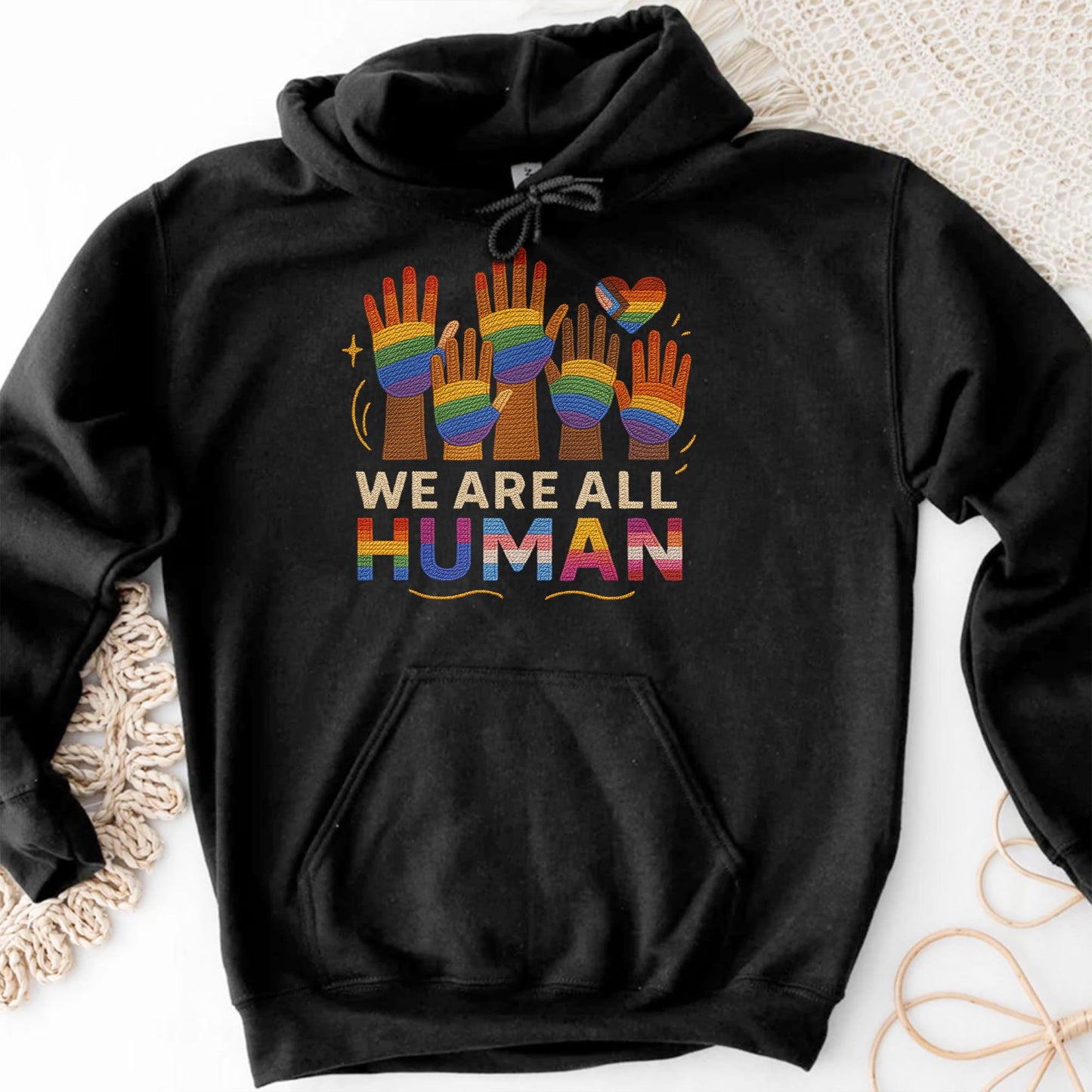 We Are All Human With Raised Hands And Heart Design