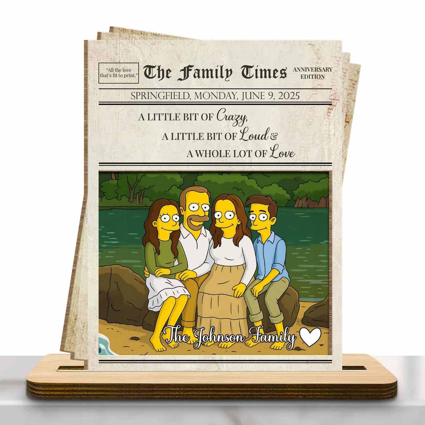 Retrato familiar "Un poco de locura, ruido y amor" - Placa de madera personalizada de dos capas con base plana - FAM402_WPLA