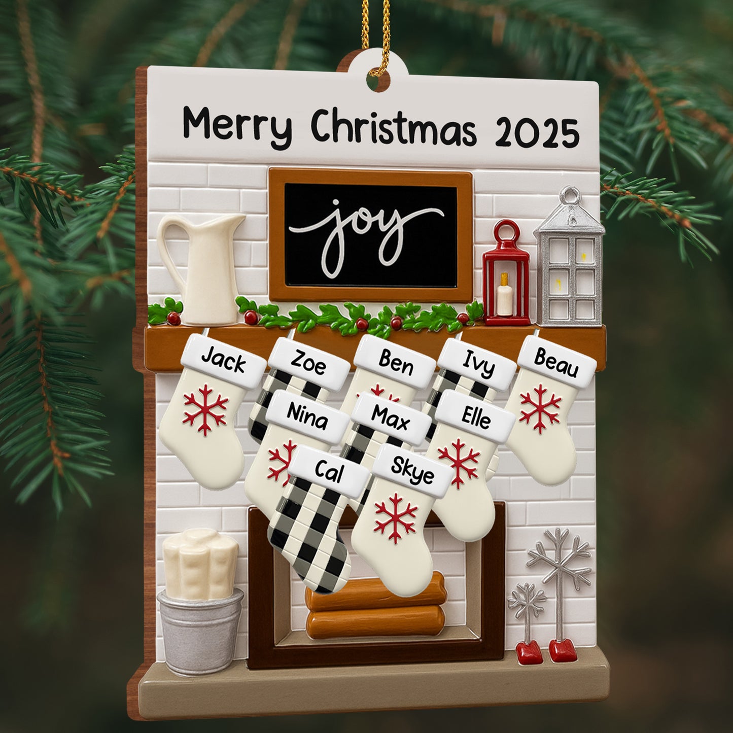 Medias y farol navideños - Adorno de madera personalizado, forma personalizada - FAM423_WDO