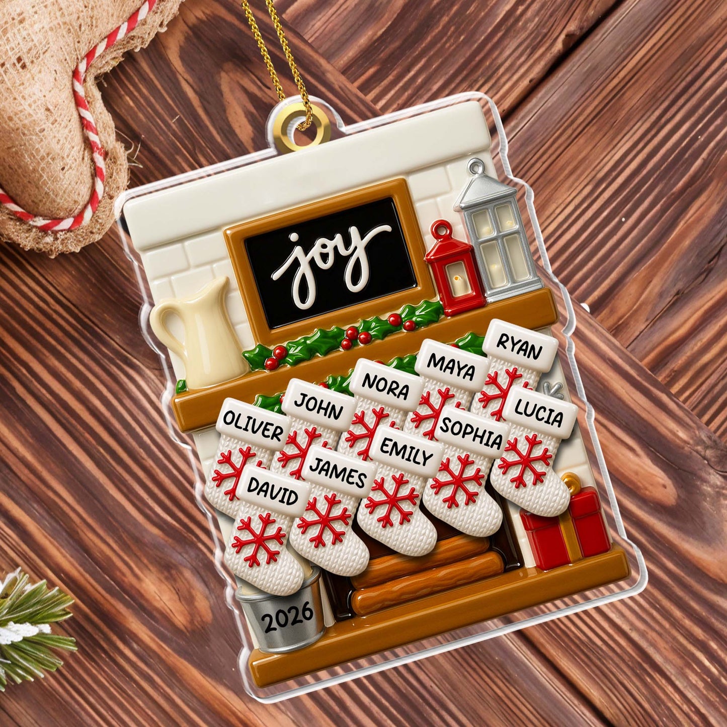 Joie au monde, chaussettes au coin du feu – Décoration acrylique personnalisée, cadeau de Noël – FAM426_ACO