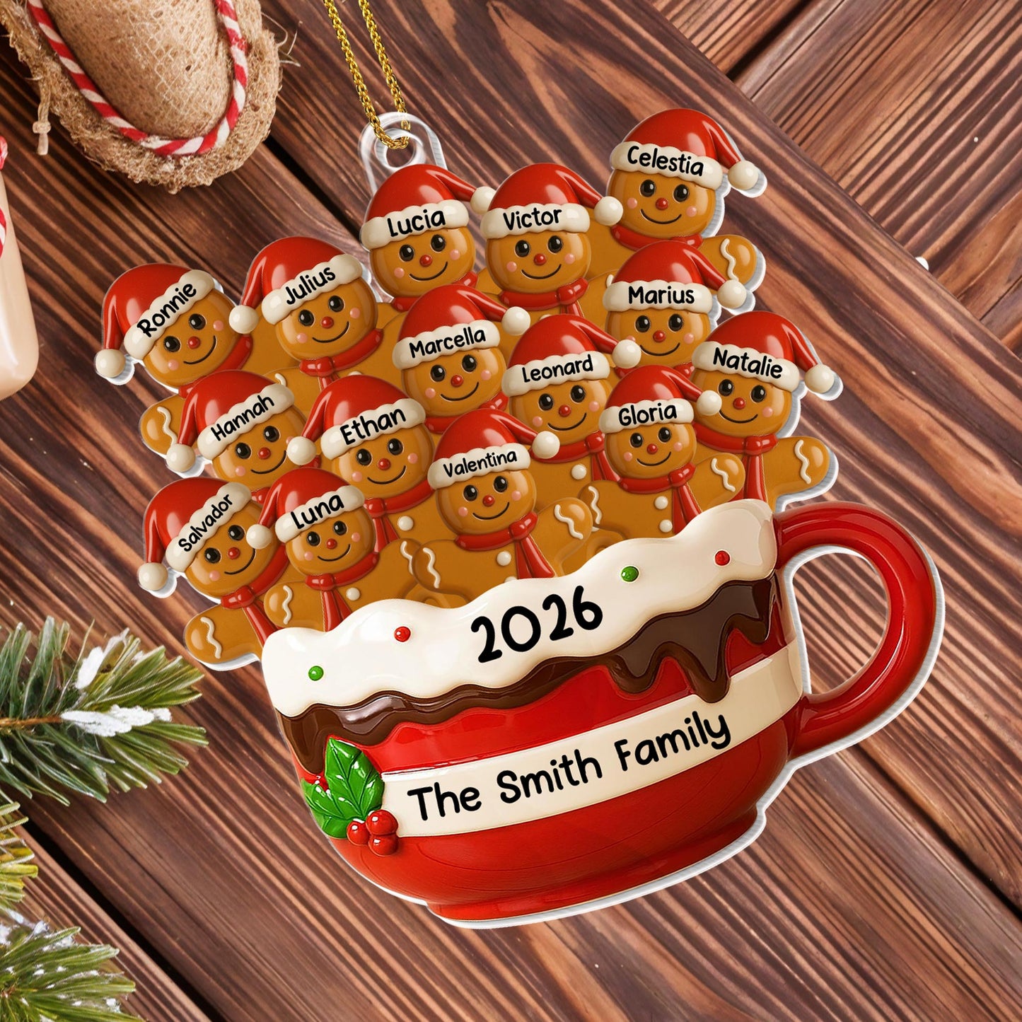 Taza familiar personalizable de chocolate caliente con elfos festivos - Adorno de madera personalizado, forma personalizada - FAM427_WDO