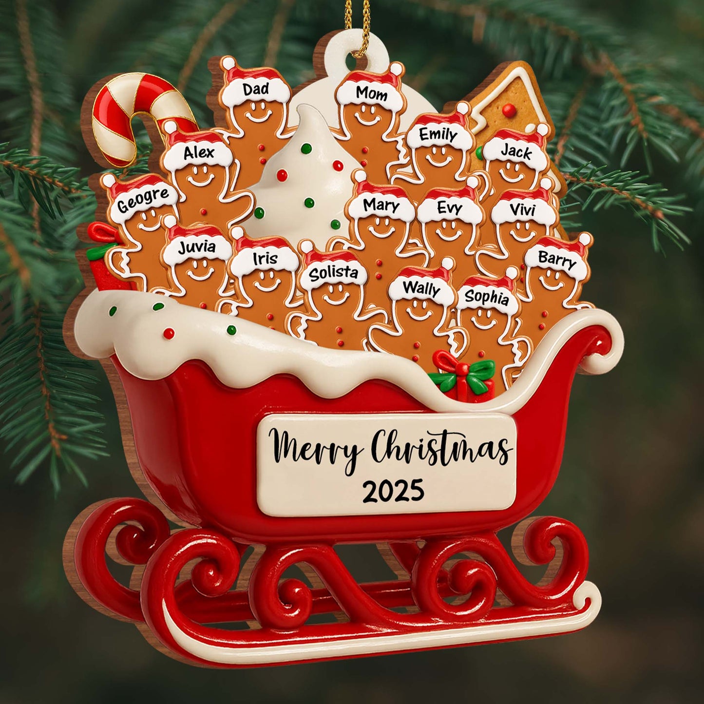 Merry Christmas Family Gingerbread Sleigh Ornament