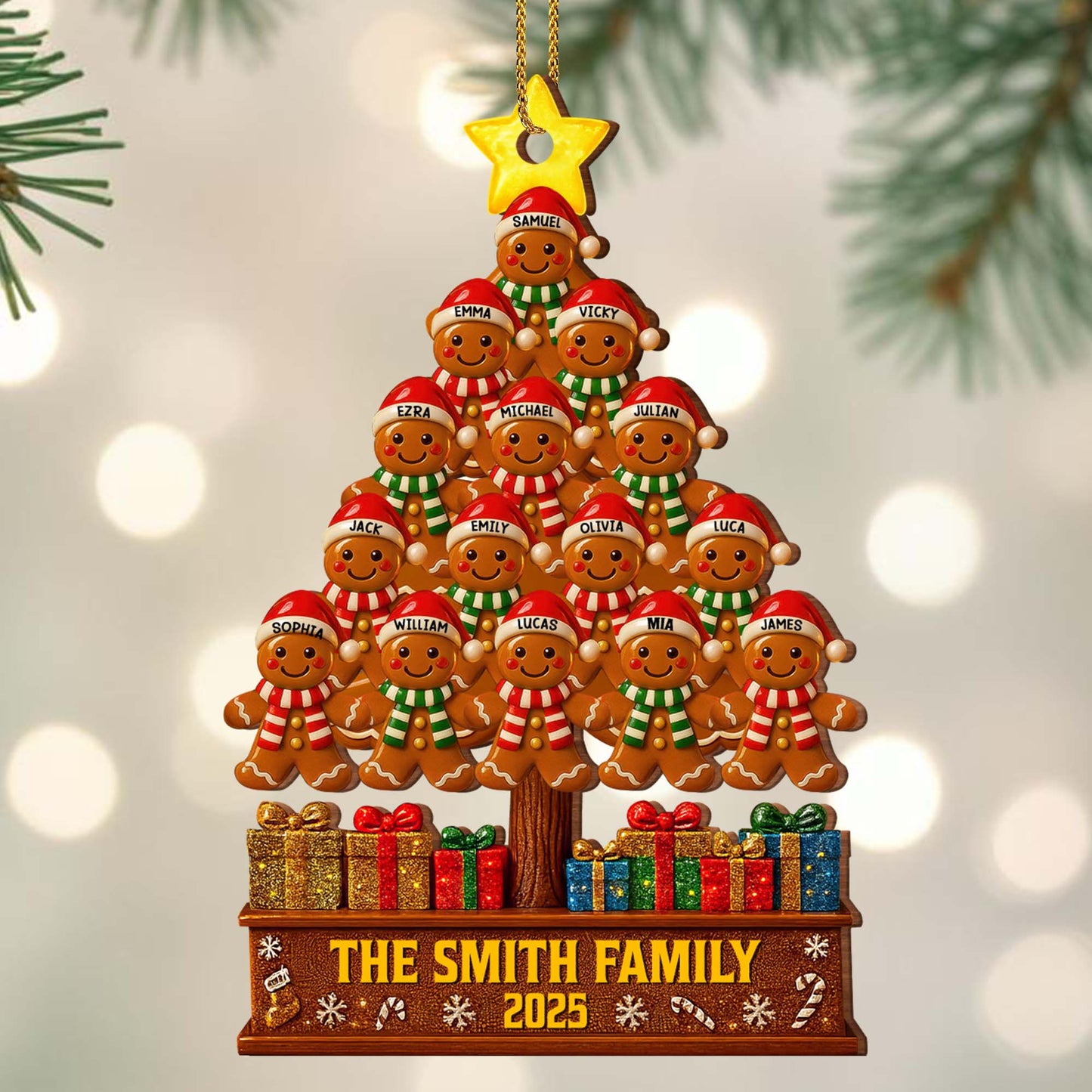 Family Gingerbread Christmas Tree - Personalized Custom Wood Ornament, Custom Shaped - FAM576_WDO